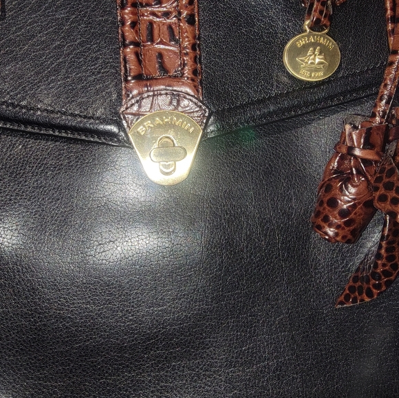 Brahmin Black Brown Large Leather Tuscan Satchel Hand Bag W/Shoulder Strap - Picture 3 of 5